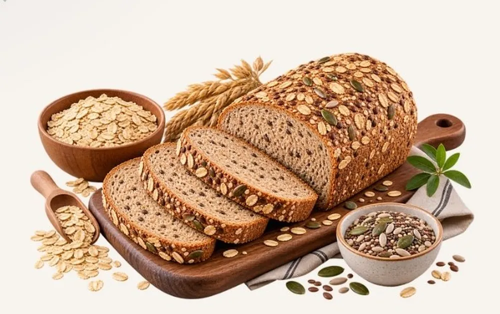 خبز الشوفان الصحي مقطّع على لوح خشبي مع الشوفان والبذور